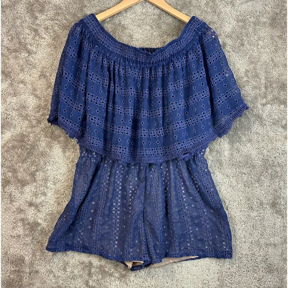 Anthropologie Ranna Gill Tiered Eyelet Off Shoulder Ruffle Romper L Large Blue